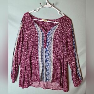 Kori America Women Sz M Burgundy White Abstract Print V-neck Long Sleeve Blouse